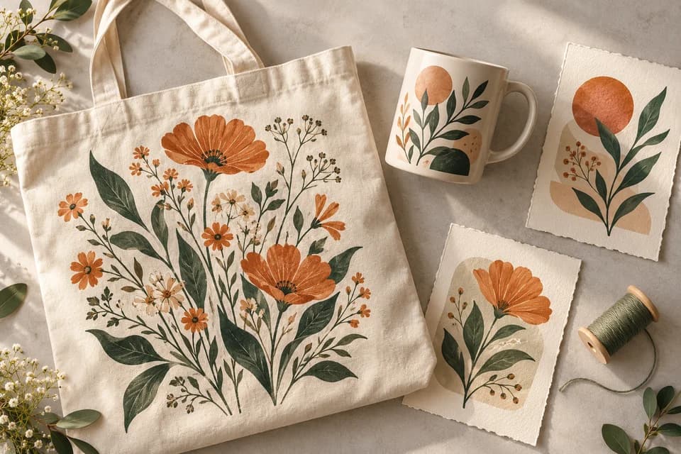 Botanical tote bag, ceramic mug and matching art prints