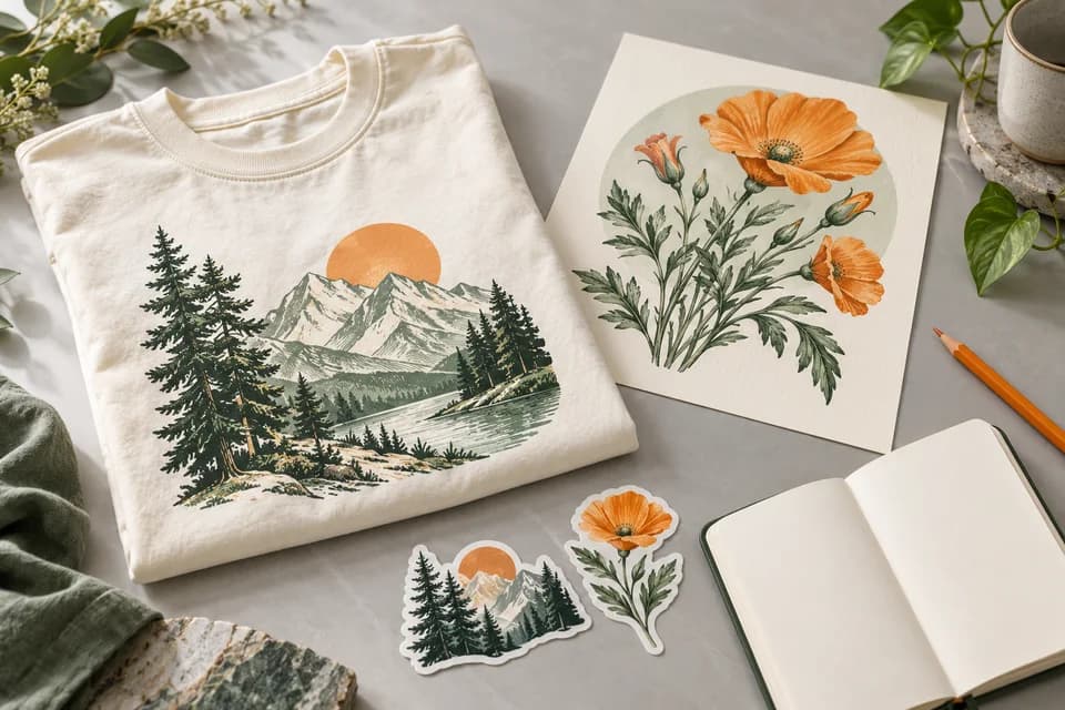 Mountain T-shirt, botanical print and coordinated illustrated stickers
