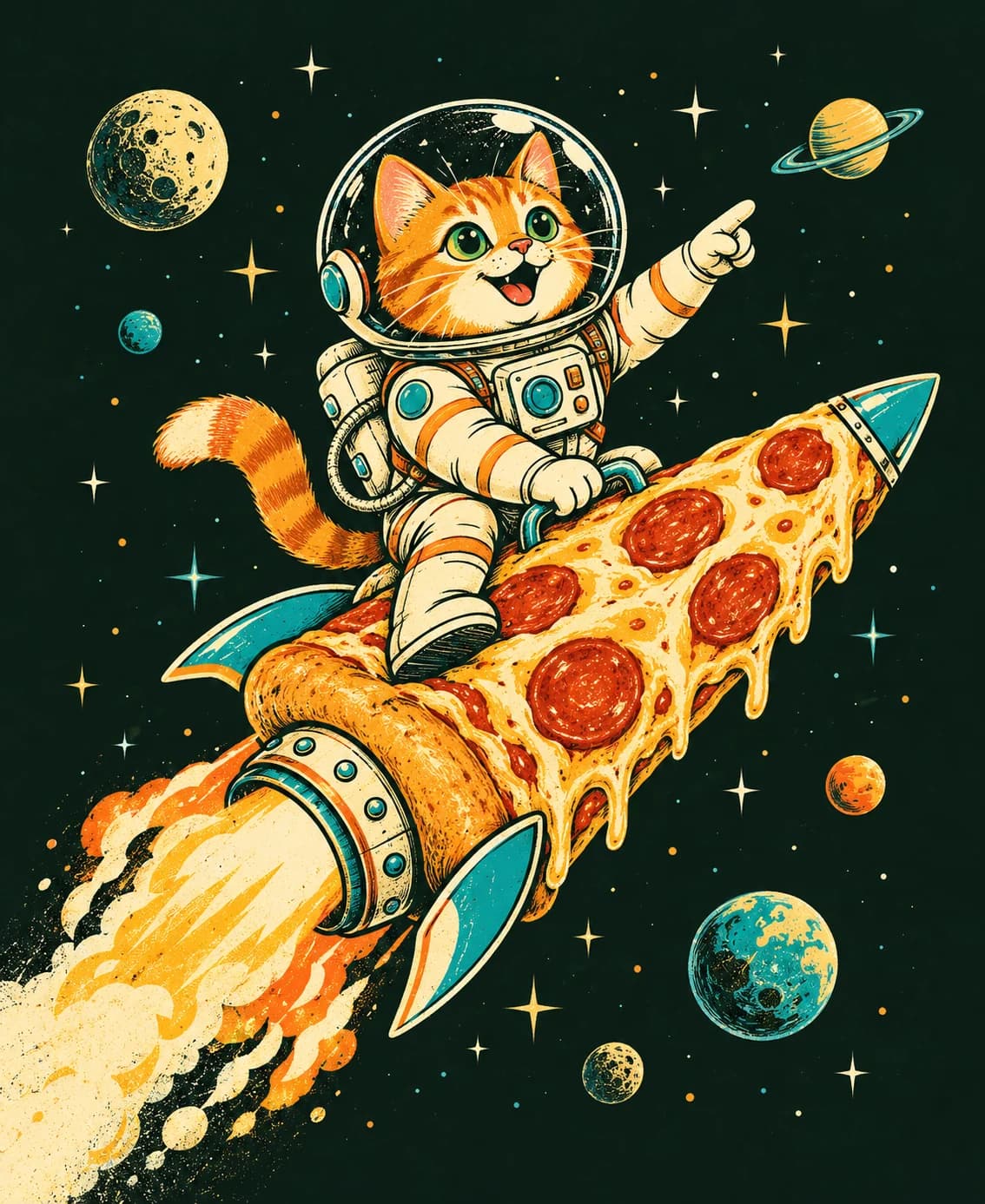 AI-created orange astronaut cat riding a pizza rocket, shown as a creative example